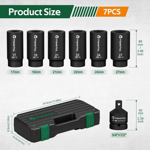 Crank Bolt Socket Set For Deep Six Point Harmonic Balancer Sockets Seven Piece 17 19 21 22 24 27 mm One Half Inch Drive With Adapter
