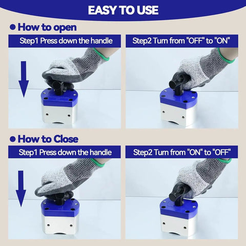 180Lb Switch Magnet For Lifting, Welding And Positioning in use with instructions for on/off toggle and secure workholding