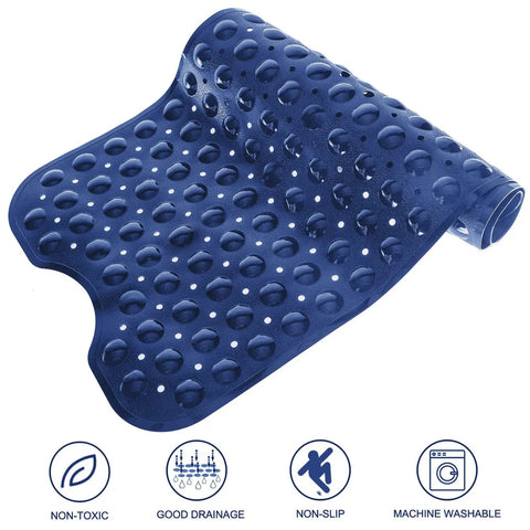 Extra Long Non Slip Bath Mat 39 X 16 Inch Machine Washable Shower Rug with heavy suction cups and fast drain holes in navy blue.