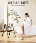 Two Step Aluminum Folding Ladder For Home Use Lightweight Portable Step Stool with a woman using it as a shelf in bathroom