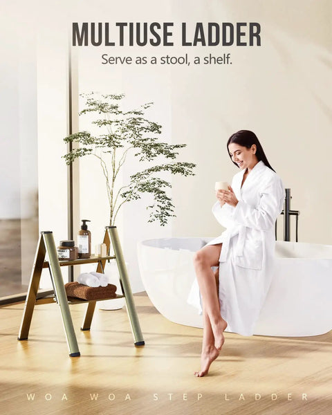 Two Step Aluminum Folding Ladder For Home Use Lightweight Portable Step Stool with a woman using it as a shelf in bathroom