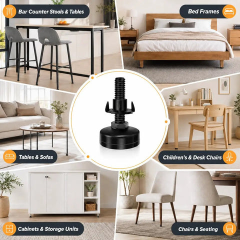 Beefy Heavy Duty Adjustable Furniture Leveling Feet Four Pack With Three Eighths Inch Sixteen Thread Floor Safe Felt Pads in home settings.