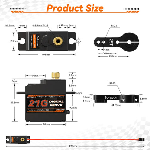 Dimensions of 21G Micro Servo With Metal Gear, Mini Digital Servo Kit, high torque 4.3kg/cm at 6V for RC cars and robots.