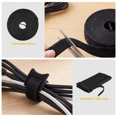 All In One Cable Management Kit For Computer Desk And TV Setup with black velcro ties being trimmed and used to bundle cords