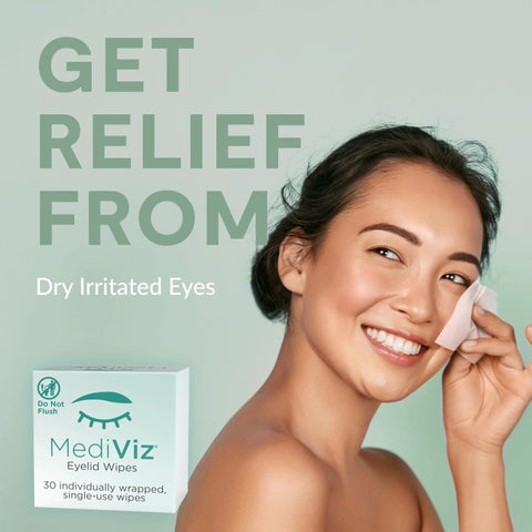 MediViz Eyelid Wipes box; 30 individually wrapped wipes; smiling woman using a wipe near her eye