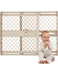 Top Shelf Adjustable Baby Gate For Kids And Toddlers Heavy Duty Plastic Child Safety Barrier in sand finish with toddler.