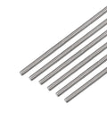 Angled view of six HiPicco 1/4-20 stainless steel fully threaded rods, 16 in long, right-hand threads, 6-pack
