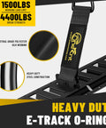 Close-up of a Heavy Duty E Track Cargo Tie Down Kit with steel rail and polyester strap showing O-rings strength specifications.
