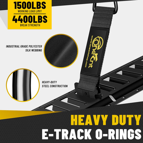 Close-up of a Heavy Duty E Track Cargo Tie Down Kit with steel rail and polyester strap showing O-rings strength specifications.
