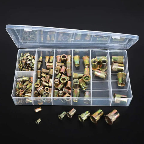 Rivnut Kit 165Pcs Copper Alloy M3 M12 Threaded Inserts in clear plastic case, ideal for metal fastening projects