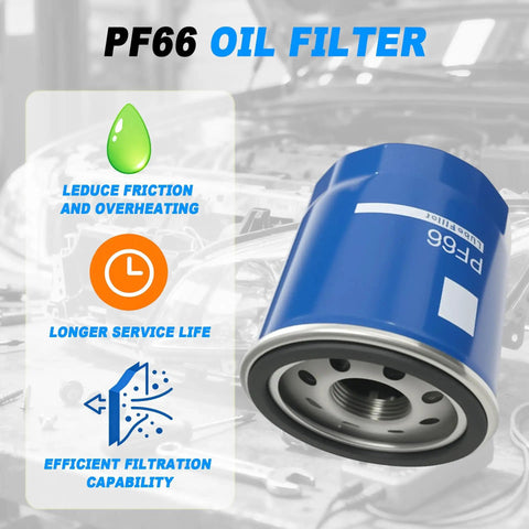 Six Pack Engine Oil Filter Set Direct Fit For Chevy Silverado Suburban Tahoe Blue PF66 Filter in front of engine bay