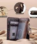 Streamlined Rfid Blocking Keychain Wallet With Genuine Leather Wrist Strap showcases premium hardware and card slots in a stylish leopard print.