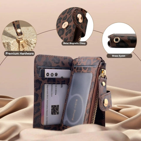 Streamlined Rfid Blocking Keychain Wallet With Genuine Leather Wrist Strap showcases premium hardware and card slots in a stylish leopard print.