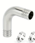 Side view of a 304 stainless steel 90-degree elbow hose barb fitting, 3/4" x 3/4", with two hose clamps