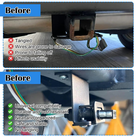 Comparison of tangled wires vs. secure mount using Vehicle Side 4 Way Flat Trailer Wiring Harness Mounting Bracket Kit with advantages.