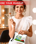 Woman holding a 24 Pack Golf Pouch Bags Set In 12 Styles For Cosmetics, Toiletries, Phone, Headphones, And Keys in makeup room.