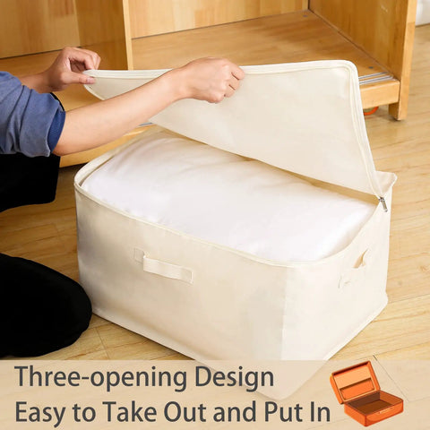Person opening Heavy Duty Cotton Storage Bags With Clear Window And Sturdy Zipper 75L Collapsible Closet Organizer