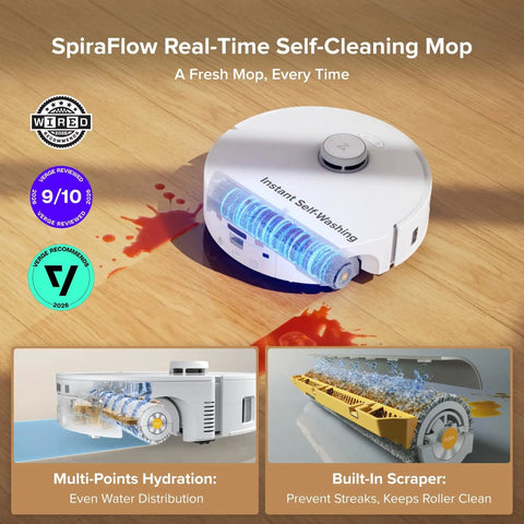 Qrevo Curv 2 Flow Robot Vacuum And Mop With SpiraFlow Real Time Self Cleaning Mop shown with self-cleaning feature in action