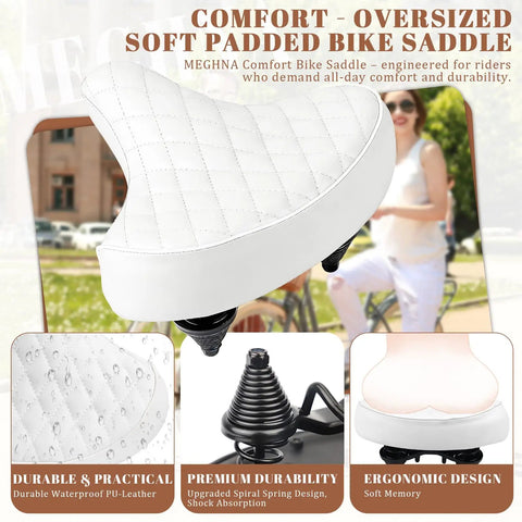 Wide Oversized Bike Seat For Men And Women With Plush Cushion And Shock Absorption Ideal Replacement Saddle For Cruiser Bikes MTB City Bikes E Bikes Tricycles And Exercise Cycles For Long Rides, white PU leather, 25.5x27x6 cm