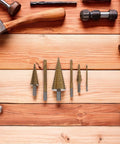 Premium Hss Step Drill Bit Kit 6 Piece Set With Spiral Grooves For Smooth Edges Countersink Design Plus Storage Box Perfect For Diy Pros And Home Projects On Metal Sheet And Wood, 6 gold bits on wood
