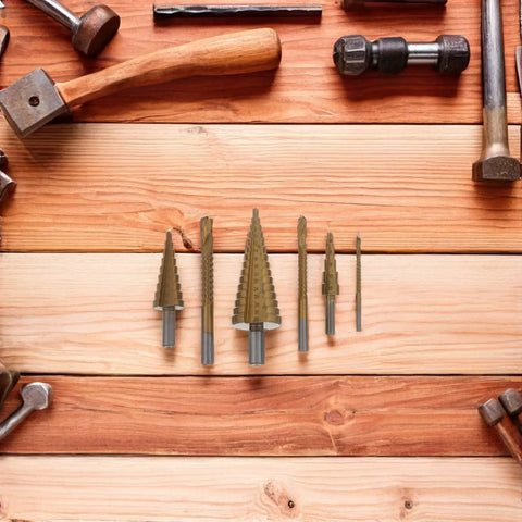 Premium Hss Step Drill Bit Kit 6 Piece Set With Spiral Grooves For Smooth Edges Countersink Design Plus Storage Box Perfect For Diy Pros And Home Projects On Metal Sheet And Wood, 6 gold bits on wood
