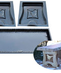 DIY Concrete Bench Mold Set Three Piece For Outdoor Patio Garden Benches Easy To Use Top Bench Forty Inch Long And Two Leg Molds Reusable Casting Tool Model B04 Kit, showing mold trays and completed bench on patio