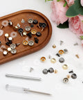 Killer 32 Piece Heavy Duty Bag Bottom Feet Set With Screw Back Nailhead Rivets, includes metal studs and tools on wooden tray.