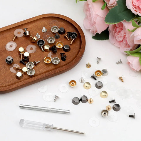 Killer 32 Piece Heavy Duty Bag Bottom Feet Set With Screw Back Nailhead Rivets, includes metal studs and tools on wooden tray.