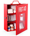 Red Wall Mount First Aid Cabinet With Three Shelves, Key Lock And Handle Lock, Visible Acrylic Door, stocked with medical supplies