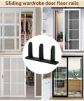 Four Pack Universal Black Closet Door Floor Guides with Screws for 1 3 8 Inch Thick Doors ABS Closet Track Guide for Sliding Cabinet Doors Keeps Panels Riding Smooth and Aligned On The Floor shown with various sliding door setups.