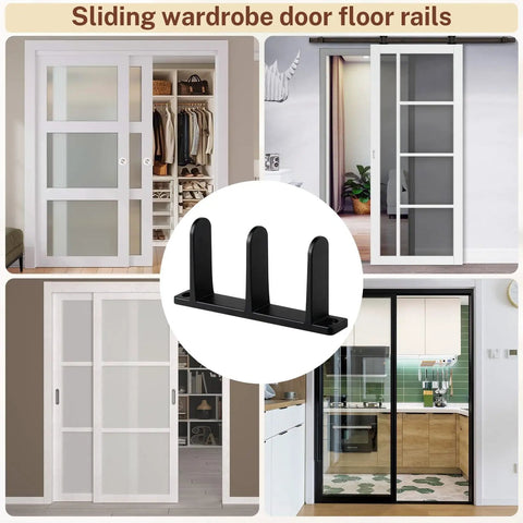 Four Pack Universal Black Closet Door Floor Guides with Screws for 1 3 8 Inch Thick Doors ABS Closet Track Guide for Sliding Cabinet Doors Keeps Panels Riding Smooth and Aligned On The Floor shown with various sliding door setups.