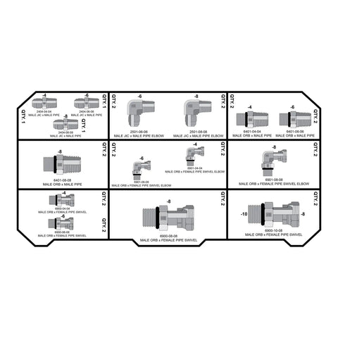 All-In-One Heavy Duty Hydraulic Fittings And Adapter Kit With 101 Adapters And 150 O Rings For NPT Threads diagram HBT5600 Series