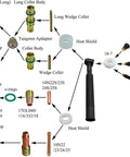 Diagram showing components of Pro Grade TIG Glass Cup Clear Quartz Nozzles Set for Welding Torch Includes Half Inch and Twelve Point Five Millimeter Sizes 53N61S PTA DB SR WP Compatible 14 Pieces Improves Gas Coverage Saves Shield Gas Boosts Visibility, including Pyrex cups and collets.