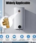Brass 3/4 NPT temperature and pressure relief valve with lever and extension probe on a white water heater (front view)