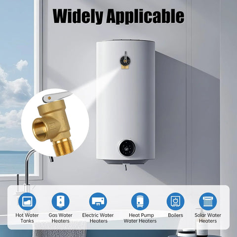 Brass 3/4 NPT temperature and pressure relief valve with lever and extension probe on a white water heater (front view)