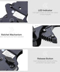 Close-up features of PEX Cinch Clamp Tool Kit With One Handed Ratcheting Crimper for Stainless Steel Rings detailing LED indicator and release button.