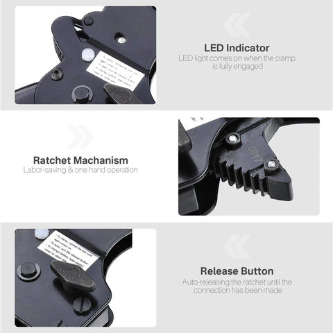 Close-up features of PEX Cinch Clamp Tool Kit With One Handed Ratcheting Crimper for Stainless Steel Rings detailing LED indicator and release button.