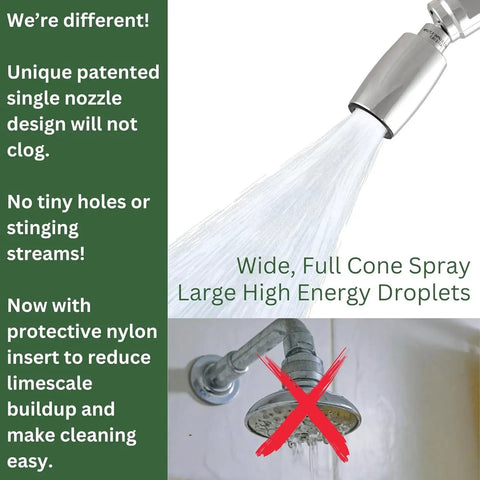 Classic Lead Free Metal Shower Head With Ultra Low Flow 1.5 GPM, angled view, wide spray pattern, polished chrome finish