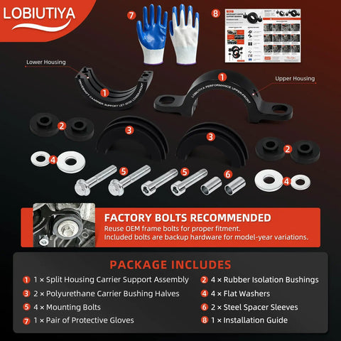 Toyota Carrier Bearing Support For Tacoma Tundra And T100 Driveshaft Center Bearing Black Beefy Heavy Duty Center Support Direct Fit For OE 37230-35130 And 211750-1X Reuses OEM Frame Bolts Easy Install split housing kit with bolts, bushings, washers and spacers