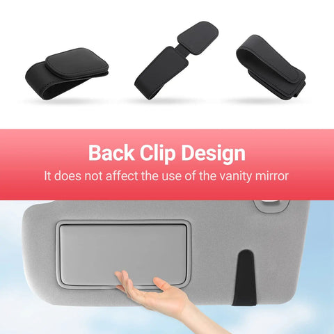 Heavy Duty Magnetic Sunglass Holder For Car Sun Visor With Secure Snap Clip And Soft Leather Wrap one-handed clip design displayed on car visor.