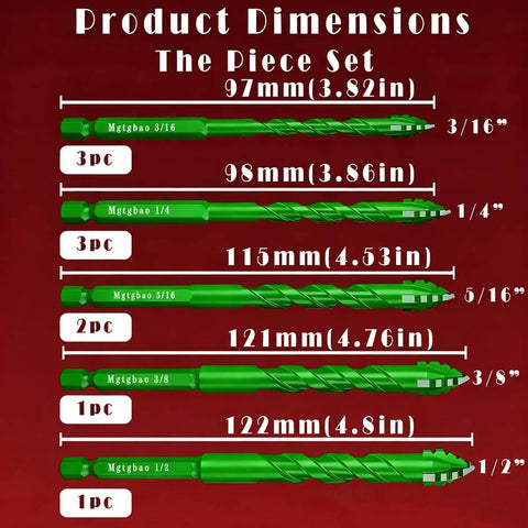 Mgtgbao 10-piece green carbide masonry drill bit set with 4-flute serrated bits (3/16–1/2 in), lengths up to 122 mm.