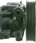 Heavy Duty Remanufactured Power Steering Pump With Triple Tested Valves For Dead On Factory Fit And Straight Up Smooth Steering On Domestic And Import Rides, side view showing inlet and pulley.