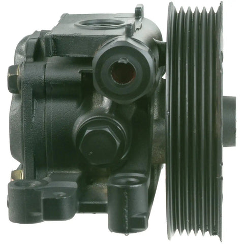 Heavy Duty Remanufactured Power Steering Pump With Triple Tested Valves For Dead On Factory Fit And Straight Up Smooth Steering On Domestic And Import Rides, side view showing inlet and pulley.