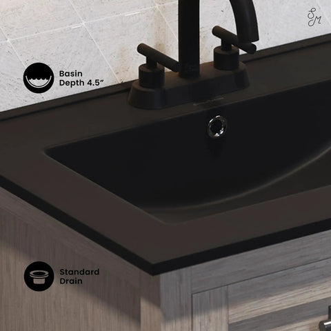 Close-up of matte black 24 inch ceramic vanity top with three pre-drilled holes for top mount sinks, showing basin depth and drain.