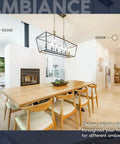 Interior dining area showcasing LED lighting effects at different color temperatures, highlighting a modern chandelier and wooden table set.