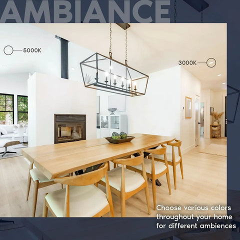 Interior dining area showcasing LED lighting effects at different color temperatures, highlighting a modern chandelier and wooden table set.