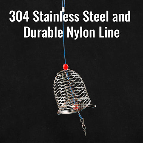 Pro Grade Stainless Steel Bait Cage Ten Pack For Carp And Catfish Fishing, Large 2.3 Inch Chum Rig Basket with nylon line.
