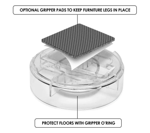 Close-up of optional gripper pads and clear stackable base for Heavy Duty Clear Stackable Furniture Risers Set Of 8 Adjustable Bed Lifters.