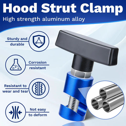 Heavy Duty Aluminum Alloy Car Hood Prop Strut Clamps Pair Delivered With Tough As Nails Hood Support Clips, shown with a blue finish.