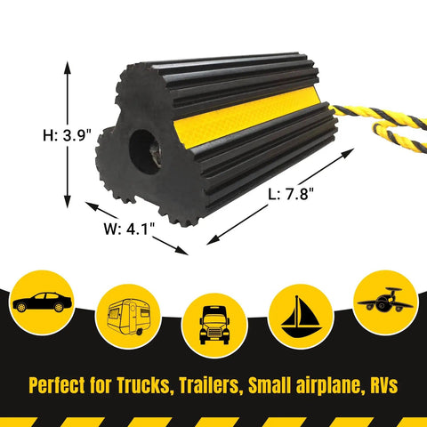 Heavy Duty Rubber Dual Wheel Chocks Set For RVs, Trailers And Trucks, Front And Back, Grippy Non Slip Base, 30 Inch Nylon Rope